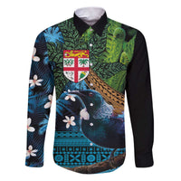 Fiji and New Zealand Tui Bird Family Matching Puletasi and Hawaiian Shirt Koru Fern Leafs and Palm Tree With Plumeria LT03 Dad's Shirt - Long Sleeve Blue - Polynesian Pride