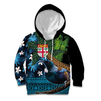 Fiji and New Zealand Tui Bird Kid Hoodie Koru Fern Leafs and Palm Tree With Plumeria LT03 Hoodie Blue - Polynesian Pride