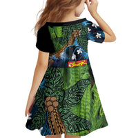 Fiji and New Zealand Tui Bird Kid Short Sleeve Dress Koru Fern Leafs and Palm Tree With Plumeria