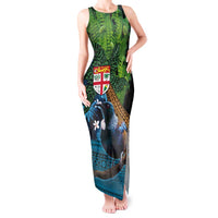 Fiji and New Zealand Tui Bird Tank Maxi Dress Koru Fern Leafs and Palm Tree With Plumeria LT03 Women Blue - Polynesian Pride