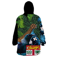 Fiji and New Zealand Tui Bird Wearable Blanket Hoodie Koru Fern Leafs and Palm Tree With Plumeria LT03 - Polynesian Pride