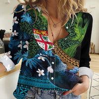 Fiji and New Zealand Tui Bird Women Casual Shirt Koru Fern Leafs and Palm Tree With Plumeria LT03 Female Blue - Polynesian Pride