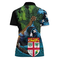 Fiji and New Zealand Tui Bird Women Polo Shirt Koru Fern Leafs and Palm Tree With Plumeria LT03 - Polynesian Pride
