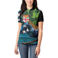 Fiji and New Zealand Tui Bird Women Polo Shirt Koru Fern Leafs and Palm Tree With Plumeria LT03 - Polynesian Pride