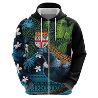 Fiji and New Zealand Tui Bird Zip Hoodie Koru Fern Leafs and Palm Tree With Plumeria