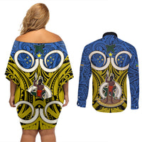 Vanuatu Tafea Province Couples Matching Off Shoulder Short Dress and Long Sleeve Button Shirts Pig Tusk Mix Maori Pattern and Namele Leaf LT03 - Polynesian Pride