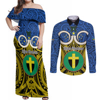 Personalised Vanuatu Tafea Province Couples Matching Off Shoulder Maxi Dress and Long Sleeve Button Shirts Pig Tusk Mix Maori Pattern and Namele Leaf LT03 Blue - Polynesian Pride