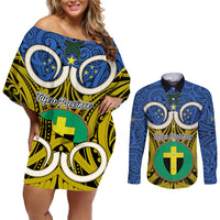 Personalised Vanuatu Tafea Province Couples Matching Off Shoulder Short Dress and Long Sleeve Button Shirts Pig Tusk Mix Maori Pattern and Namele Leaf LT03 Blue - Polynesian Pride