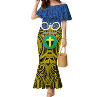 Personalised Vanuatu Tafea Province Family Matching Mermaid Dress and Hawaiian Shirt Pig Tusk Mix Maori Pattern and Namele Leaf LT03 Mom's Dress Blue - Polynesian Pride
