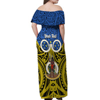 Personalised Vanuatu Tafea Province Off Shoulder Maxi Dress Pig Tusk Mix Maori Pattern and Namele Leaf LT03 - Polynesian Pride