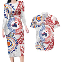 Tongan and Australian Culture Together Couples Matching Long Sleeve Bodycon Dress and Hawaiian Shirt Ngatu Art Tribal Aboriginal Tattoo Pattern LT03 White - Polynesian Pride