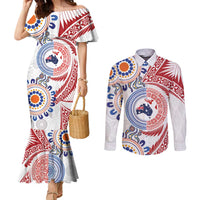 Tongan and Australian Culture Together Couples Matching Mermaid Dress and Long Sleeve Button Shirt Ngatu Art Tribal Aboriginal Tattoo Pattern LT03 White - Polynesian Pride