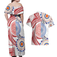 Tongan and Australian Culture Together Couples Matching Off Shoulder Maxi Dress and Hawaiian Shirt Ngatu Art Tribal Aboriginal Tattoo Pattern LT03 - Polynesian Pride