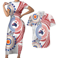 Tongan and Australian Culture Together Couples Matching Short Sleeve Bodycon Dress and Hawaiian Shirt Ngatu Art Tribal Aboriginal Tattoo Pattern LT03 White - Polynesian Pride