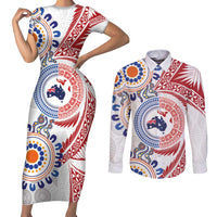 Tongan and Australian Culture Together Couples Matching Short Sleeve Bodycon Dress and Long Sleeve Button Shirt Ngatu Art Tribal Aboriginal Tattoo Pattern LT03 White - Polynesian Pride