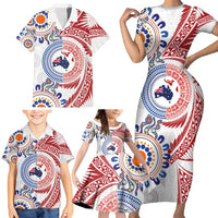 Tongan and Australian Culture Together Family Matching Short Sleeve Bodycon Dress and Hawaiian Shirt Ngatu Art Tribal Aboriginal Tattoo Pattern LT03 - Polynesian Pride