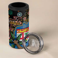 Fijian and Australian Culture Together 4 in 1 Can Cooler Tumbler Aboriginal Art and Tapa Motifs with Kangaroo and Palm Tree LT03 - Polynesian Pride