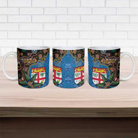 Fijian and Australian Culture Together Ceramic Mug Aboriginal Art and Tapa Motifs with Kangaroo and Palm Tree - Polynesian Pride