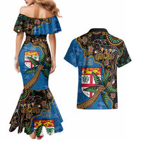 Fijian and Australian Culture Together Couples Matching Mermaid Dress and Hawaiian Shirt Aboriginal Art and Tapa Motifs with Kangaroo and Palm Tree LT03 - Polynesian Pride