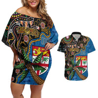 Fijian and Australian Culture Together Couples Matching Off Shoulder Short Dress and Hawaiian Shirt Aboriginal Art and Tapa Motifs with Kangaroo and Palm Tree LT03 Black - Polynesian Pride