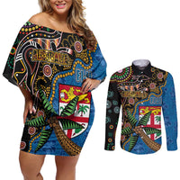 Fijian and Australian Culture Together Couples Matching Off Shoulder Short Dress and Long Sleeve Button Shirt Aboriginal Art and Tapa Motifs with Kangaroo and Palm Tree LT03 Black - Polynesian Pride