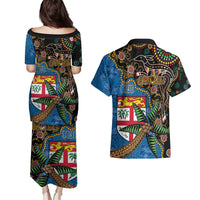 Fijian and Australian Culture Together Couples Matching Puletasi and Hawaiian Shirt Aboriginal Art and Tapa Motifs with Kangaroo and Palm Tree LT03 - Polynesian Pride