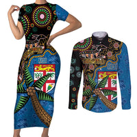 Fijian and Australian Culture Together Couples Matching Short Sleeve Bodycon Dress and Long Sleeve Button Shirt Aboriginal Art and Tapa Motifs with Kangaroo and Palm Tree LT03 Black - Polynesian Pride