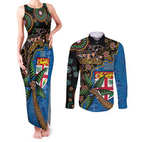 Fijian and Australian Culture Together Couples Matching Tank Maxi Dress and Long Sleeve Button Shirt Aboriginal Art and Tapa Motifs with Kangaroo and Palm Tree LT03 Black - Polynesian Pride