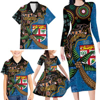 Fijian and Australian Culture Together Family Matching Long Sleeve Bodycon Dress and Hawaiian Shirt Aboriginal Art and Tapa Motifs with Kangaroo and Palm Tree LT03 - Polynesian Pride
