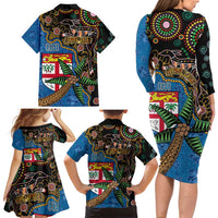 Fijian and Australian Culture Together Family Matching Long Sleeve Bodycon Dress and Hawaiian Shirt Aboriginal Art and Tapa Motifs with Kangaroo and Palm Tree LT03 - Polynesian Pride