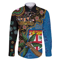 Fijian and Australian Culture Together Family Matching Long Sleeve Bodycon Dress and Hawaiian Shirt Aboriginal Art and Tapa Motifs with Kangaroo and Palm Tree LT03 Dad's Shirt - Long Sleeve Black - Polynesian Pride