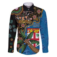 Fijian and Australian Culture Together Family Matching Off The Shoulder Long Sleeve Dress and Hawaiian Shirt Aboriginal Art and Tapa Motifs with Kangaroo and Palm Tree LT03 Dad's Shirt - Long Sleeve Black - Polynesian Pride