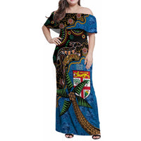 Fijian and Australian Culture Together Family Matching Off Shoulder Maxi Dress and Hawaiian Shirt Aboriginal Art and Tapa Motifs with Kangaroo and Palm Tree LT03 Mom's Dress Black - Polynesian Pride