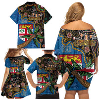 Fijian and Australian Culture Together Family Matching Off Shoulder Short Dress and Hawaiian Shirt Aboriginal Art and Tapa Motifs with Kangaroo and Palm Tree LT03 - Polynesian Pride