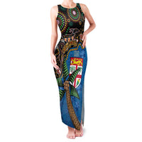 Fijian and Australian Culture Together Family Matching Tank Maxi Dress and Hawaiian Shirt Aboriginal Art and Tapa Motifs with Kangaroo and Palm Tree LT03 Mom's Dress Black - Polynesian Pride
