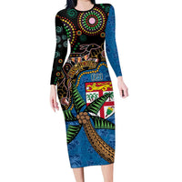 Fijian and Australian Culture Together Long Sleeve Bodycon Dress Aboriginal Art and Tapa Motifs with Kangaroo and Palm Tree LT03 Long Dress Black - Polynesian Pride