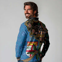 Fijian and Australian Culture Together Long Sleeve Polo Shirt Aboriginal Art and Tapa Motifs with Kangaroo and Palm Tree - Polynesian Pride