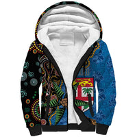 Fijian and Australian Culture Together Sherpa Hoodie Aboriginal Art and Tapa Motifs with Kangaroo and Palm Tree LT03 Unisex Black - Polynesian Pride