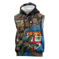 Fijian and Australian Culture Together Sleeveless Hoodie Aboriginal Art and Tapa Motifs with Kangaroo and Palm Tree LT03 Black - Polynesian Pride