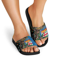 Fijian and Australian Culture Together Slide Sandals Aboriginal Art and Tapa Motifs with Kangaroo and Palm Tree - Polynesian Pride