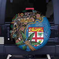 Fijian and Australian Culture Together Spare Tire Cover Aboriginal Art and Tapa Motifs with Kangaroo and Palm Tree LT03 No hole Black - Polynesian Pride
