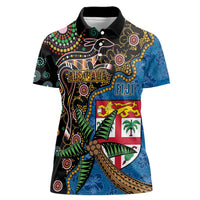 Fijian and Australian Culture Together Women Polo Shirt Aboriginal Art and Tapa Motifs with Kangaroo and Palm Tree LT03 Female Black - Polynesian Pride