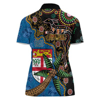 Fijian and Australian Culture Together Women Polo Shirt Aboriginal Art and Tapa Motifs with Kangaroo and Palm Tree LT03 - Polynesian Pride