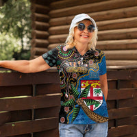 Fijian and Australian Culture Together Women Polo Shirt Aboriginal Art and Tapa Motifs with Kangaroo and Palm Tree LT03 - Polynesian Pride