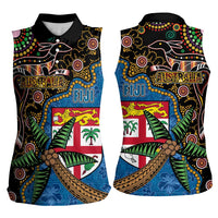 Fijian and Australian Culture Together Women Sleeveless Polo Shirt Aboriginal Art and Tapa Motifs with Kangaroo and Palm Tree LT03 - Polynesian Pride