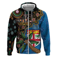 Fijian and Australian Culture Together Zip Hoodie Aboriginal Art and Tapa Motifs with Kangaroo and Palm Tree LT03 Zip Hoodie Black - Polynesian Pride