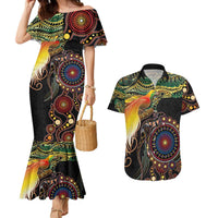 Papua New Guinea and Australia Together Couples Matching Mermaid Dress and Hawaiian Shirt Bird of Paradise and Kangaroo Melanesian Aboriginal Motifs LT03 Black - Polynesian Pride
