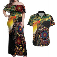 Papua New Guinea and Australia Together Couples Matching Off Shoulder Maxi Dress and Hawaiian Shirt Bird of Paradise and Kangaroo Melanesian Aboriginal Motifs LT03 Black - Polynesian Pride