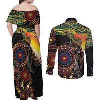 Papua New Guinea and Australia Together Couples Matching Off Shoulder Maxi Dress and Long Sleeve Button Shirt Bird of Paradise and Kangaroo Melanesian Aboriginal Motifs LT03 - Polynesian Pride