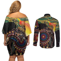 Papua New Guinea and Australia Together Couples Matching Off Shoulder Short Dress and Long Sleeve Button Shirt Bird of Paradise and Kangaroo Melanesian Aboriginal Motifs LT03 - Polynesian Pride